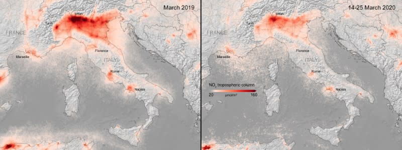 A combination image from the ESA shows the average nitrogen dioxide concentrations from air pollution across Italy