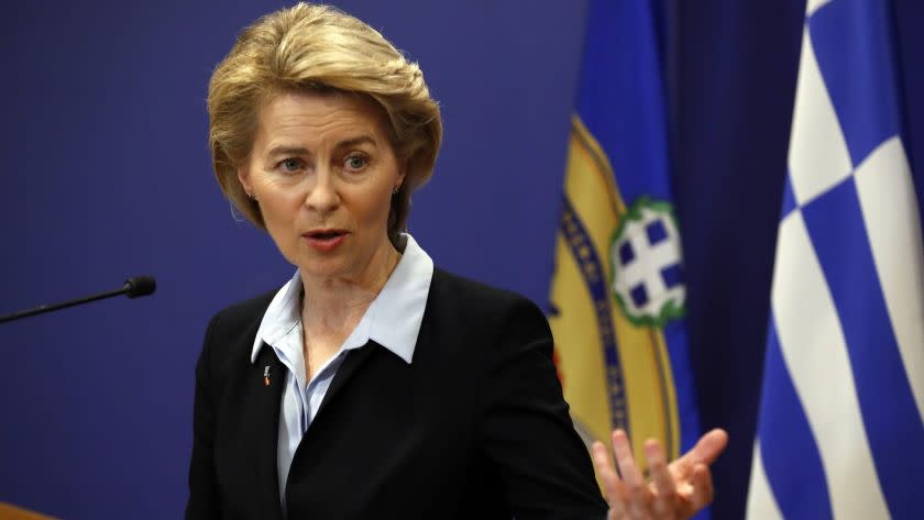 FILE - In this Tuesday, March 5, 2019 file photo, German Minister of Defense Ursula von der Leyen sp