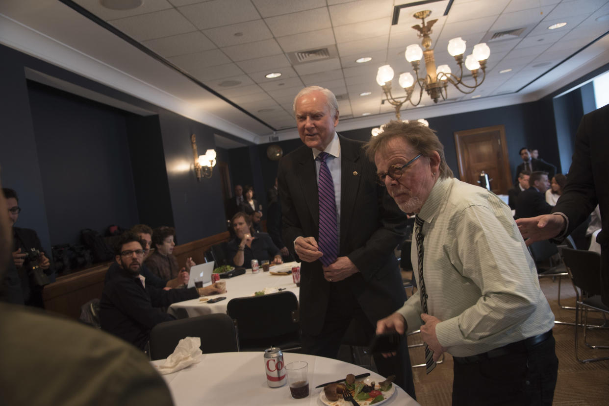 WASHINGTON, DC - MAY 18: Senator Orrin Hatch (R-UT) and ASCAP President Paul Williams speak during the Stand With Songwriters Advocacy Day - ASCAP Foundation Roundtable in the Dirksen Senate Office Building on May 18, 2016 in Washington, DC. (Photo by Kris Connor/Getty Images)