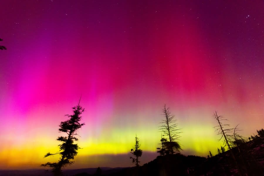 The Northern lights fill the sky at the Bogus Basin ski resort on Saturday, May 11, 2024 in Boise, Idaho. (Kyle Green (AP Photo/Kyle Green)