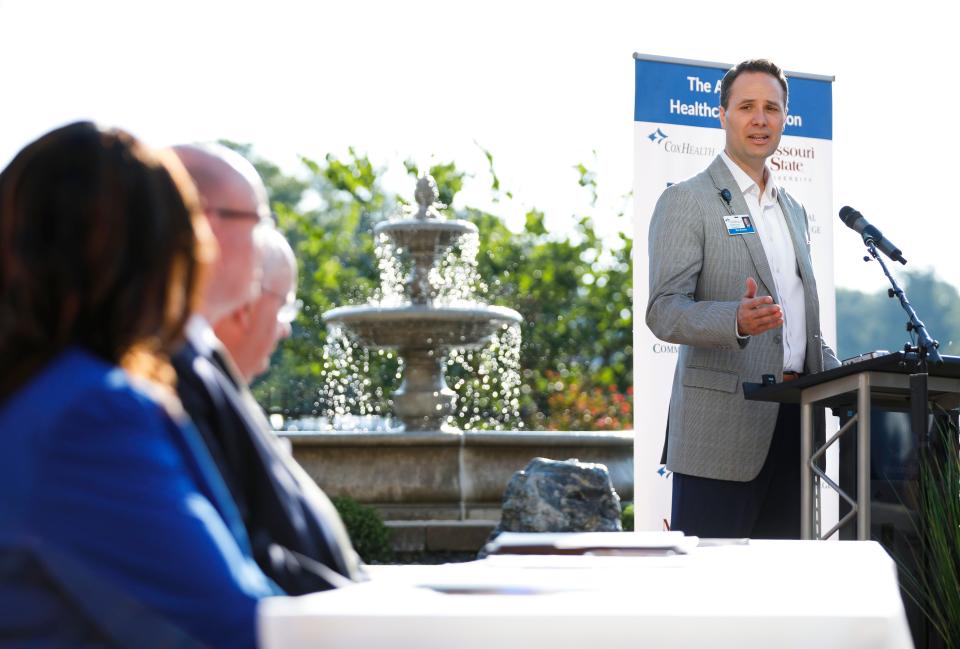 Max Buetow, president and CEO of CoxHealth speaks during an announcement with leaders from MSU, SPS, and OTC to create the Alliance for Healthcare Education at Cox North on Tuesday, Aug. 29, 2023 to tackle workforce shortages of healthcare professionals in the Midwest.