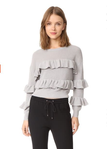 Original price: $90<br />Sale price: <a href="https://www.shopbop.com/ruffle-sweater-english-factory/vp/v=1/1505668466.htm?fm=pd_sb_pd_browse_1_bstslr&amp;os=false" target="_blank">$63</a>