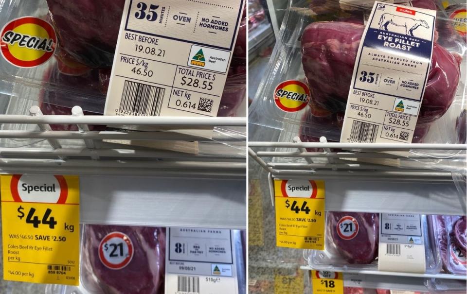 A customer's photo of meat with two different prices. Source: Facebook