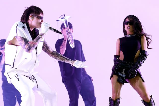 <p>Arturo Holmes/Getty</p> Peso Pluma and Becky G perform at the Coachella Stage during the 2024 Coachella Valley Music and Arts Festival on April 12, 2024 in Indio, California.