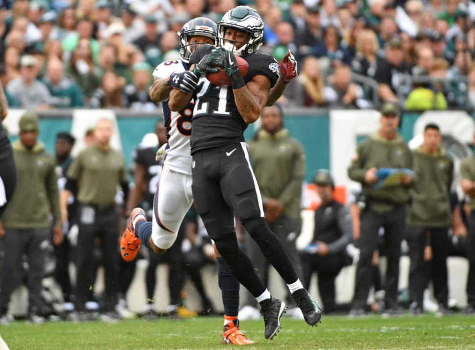 Nov 5, 2017; Philadelphia, PA, USA; Philadelphia Eagles cornerback Patrick Robinson (21) intercepts pass intended for Denver Broncos wide receiver Demaryius Thomas (88) during the first quarter at Lincoln Financial Field. Mandatory Credit: Eric Hartline-USA TODAY Sports