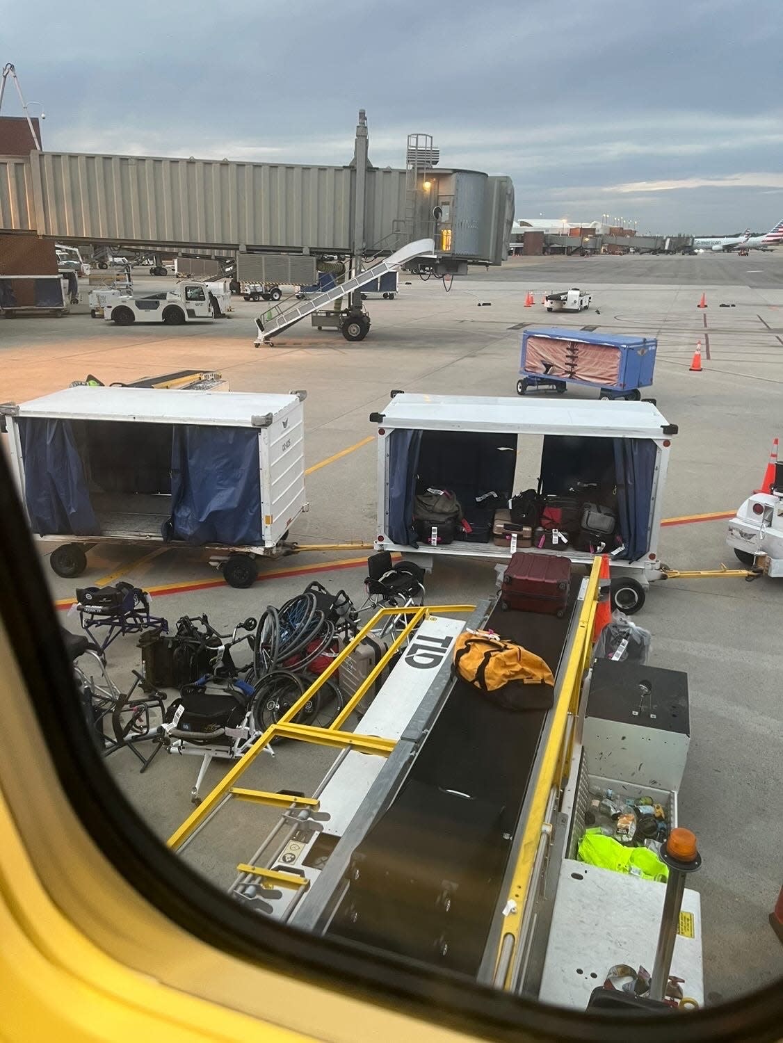 Wheelchairs being loaded at Denver Airport.