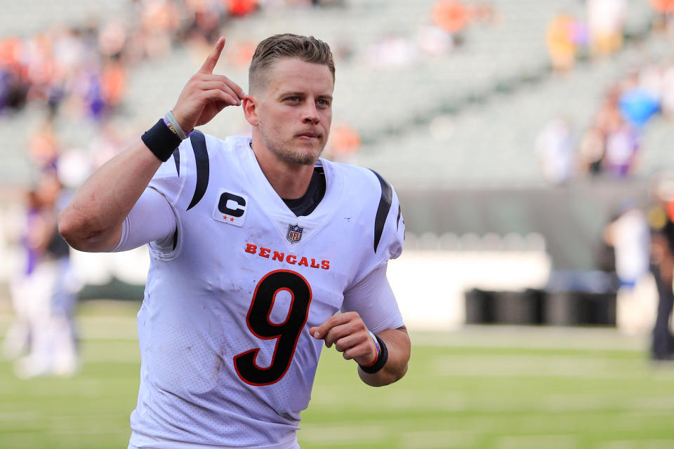 Cincinnati Bengals QB Joe Burrow (9) runs off the field after a game against the Minnesota Vikings on Sept. 12, 2021. (Photo by Ian Johnson/Icon Sportswire via Getty Images)