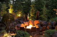 <p>Fire and water add up to unexpected lushness in this stunning landscape. Place a fire pit near a water feature for a balanced, beautiful backyard oasis.</p>