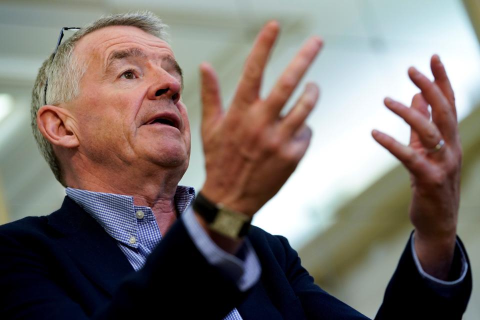 Ryanair CEO Michael O'Leary gestures during an AFP interview at A4E aviation summit in Brussels on March 3, 2020. (Photo by Kenzo TRIBOUILLARD / AFP) (Photo by KENZO TRIBOUILLARD/AFP via Getty Images)