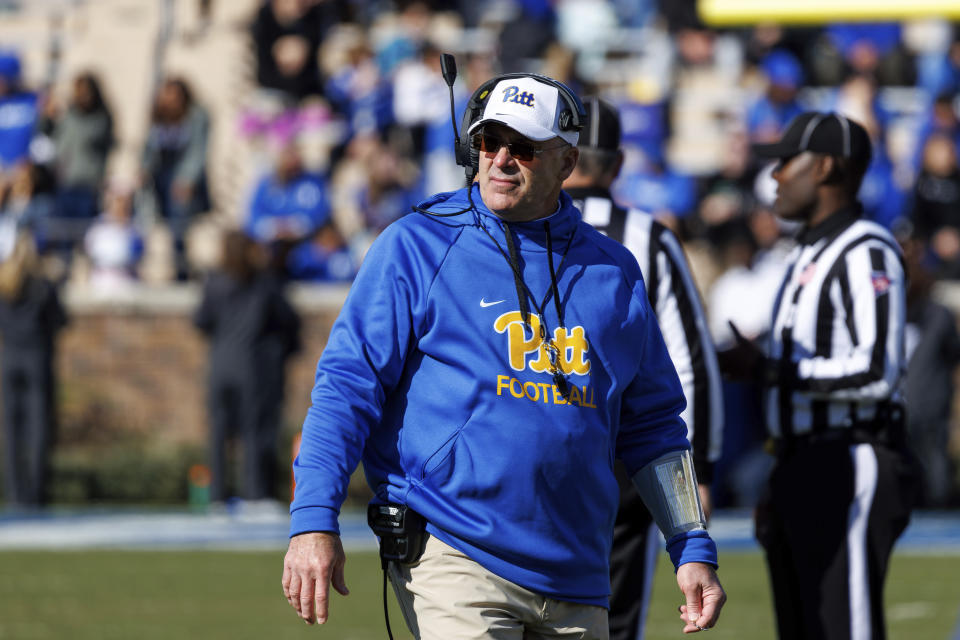 Pittsburgh head coach Pat Narduzzi walks off the field during a timeout in the first half of an NCAA college football game against Duke in Durham, N.C., Saturday, Nov. 25, 2023. (AP Photo/Ben McKeown)