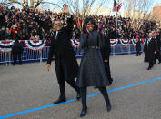 <p>President Barack Obama and first lady Michelle Obama walk along Pennsylvania Avenue towards the White House during the inaugural parade from the U.S. Capitol in Washington, January 21, 2013. (Doug Mills/Pool/Reuters) </p>