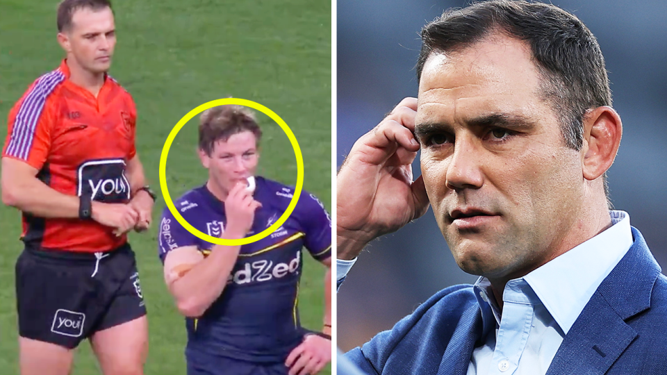 Harry Grant sent to the sin-bin and Cameron Smith reacts.