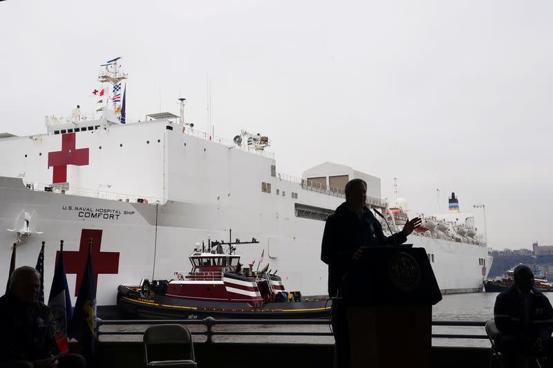 New York Mayor Bill de Blasio speaks after the USNS Comfort pulled into a berth in Manhattan during the outbreak of coronavirus disease (COVID-19), in the Manhattan borough of New York City