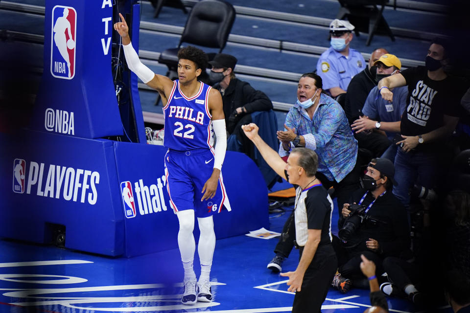 Philadelphia 76ers' Matisse Thybulle reacts after making basket during the second half of Game 2 in a second-round NBA basketball playoff series against the Atlanta Hawks, Tuesday, June 8, 2021, in Philadelphia. (AP Photo/Matt Slocum)