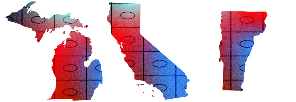 An outline of the states of Michigan, California, and Vermont with rows and columns of ballot bubbles