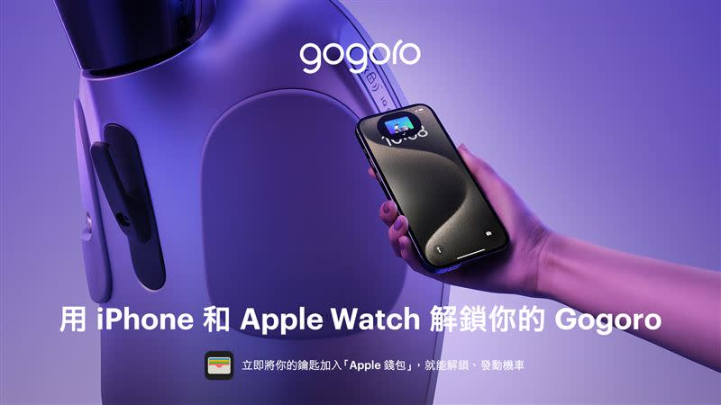 Apple錢包機車鑰匙僅儲存於車主的隨身裝置中，且受到Apple隱私與安全功能的嚴密保護。（圖／Gogoro提供）