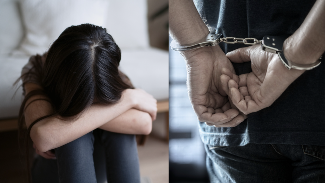 Girl crying in distress (left) and man in handcuffs (Photos: Getty Images)
