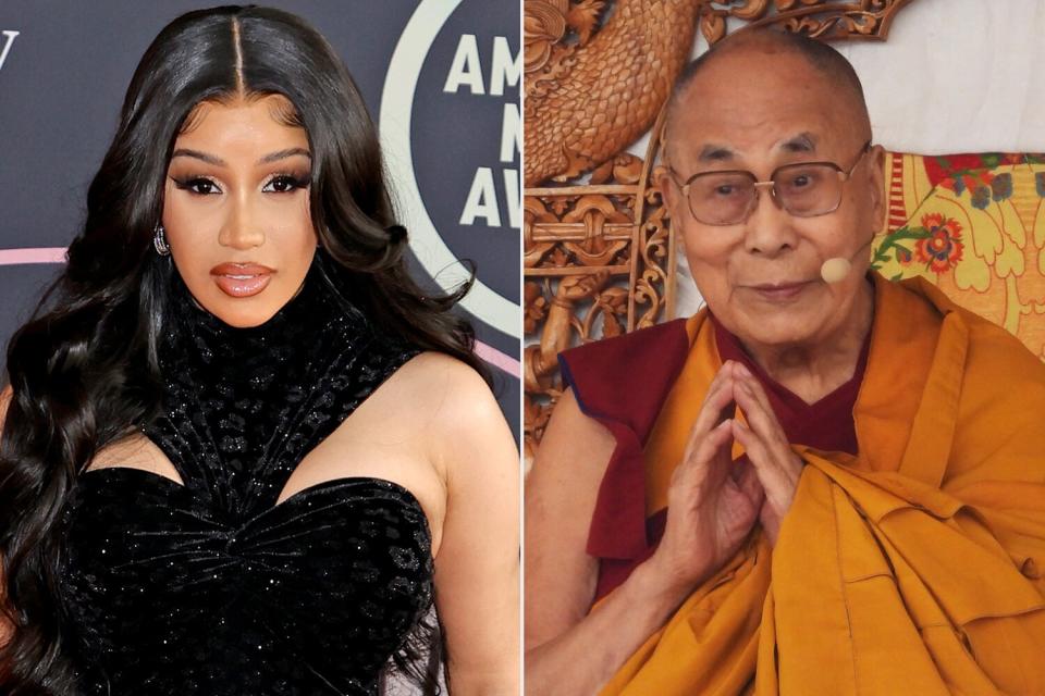 Cardi B attends the 2021 American Music Awards; Dalai Lama gestures a he leads a teachings gathering in Leh