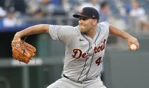 Detroit Tigers starting pitcher Matthew Boyd throws to a Kansas City batter during the third inning of a baseball game in Kansas City, Mo., Monday, June 14, 2021. (AP Photo/Reed Hoffmann)