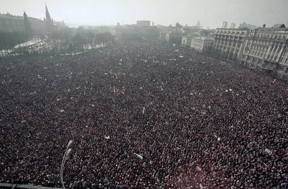 Hundreds of thousands of protesters pack Moscow's Manezh Square next to the Kremlin, March 19, 1991, demanding the Soviet President Mikhail Gorbachev and his fellow Communists give up power.  The crowd, estimated at 500,000 was the biggest anti-government demonstration in the 73 years since the Communists took power, and came a week before the nationwide referendum on Gorbachev's union treaty. 