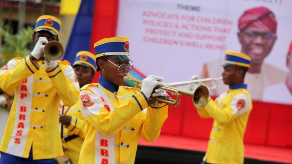 NOAP Brass Band members are playing during the 2024 Children's Day celebration held at Police College, Ikeja in Lagos, Nigeria, on Monday, May 27, 2024.