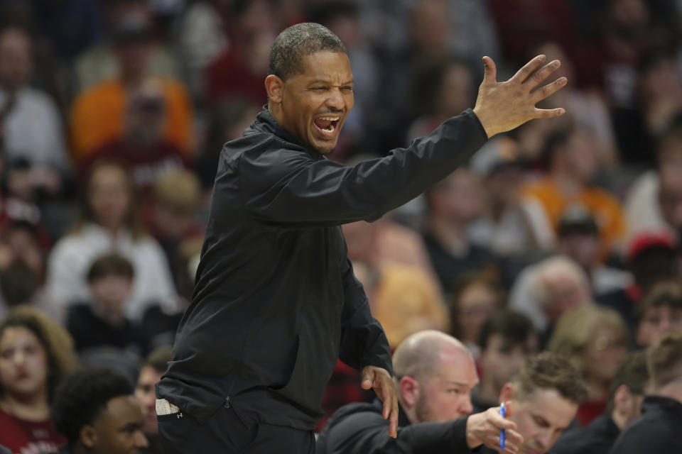 South Carolina coach Lamont Paris gestures to players during the second half of the team's NCAA college basketball game against Tennessee on Wednesday, March 6, 2024, in Columbia, S.C. (AP Photo/Artie Walker Jr.)
