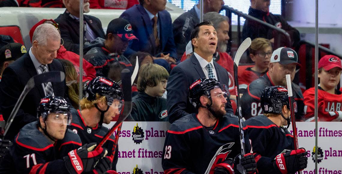 Carolina Hurricanes’ coach Rod Brind’Amour checks the replay after a goal by Ottawa’s Mathieu Joseph in the first period on Wednesday, October 11, 2023 at PNC Arena, in Raleigh N.C. Robert Willett/rwillett@newsobserver.com