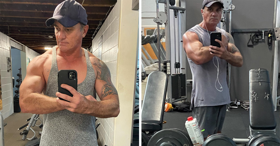 Shannon Noll showing off his biceps at the gym.