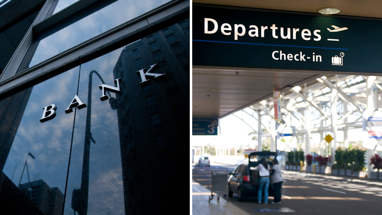 The exterior of the Reserve Bank of Australia building and the Departures sign at Sydney airport.