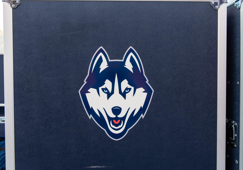 BOISE, ID - SEPTEMBER 08: The Connecticut Huskies logo on an equipment box at the game between the Connecticut Huskies vs the Boise State Broncos on Saturday, September 8, 2018, at Albertsons Stadium in Boise, Idaho. (Photo by Douglas Stringer/Icon Sportswire via Getty Images)