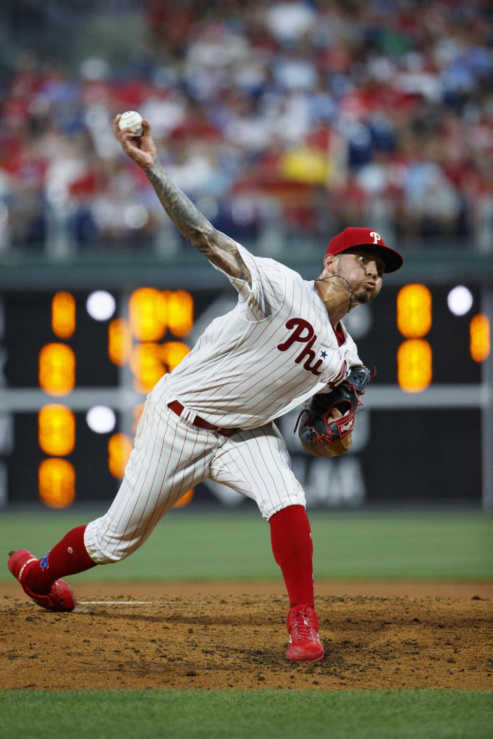 Philadelphia Phillies' Vince Velasquez pitches during the fourth inning of a baseball game against the Los Angeles Dodgers, Tuesday, July 16, 2019, in Philadelphia. (AP Photo/Matt Slocum)