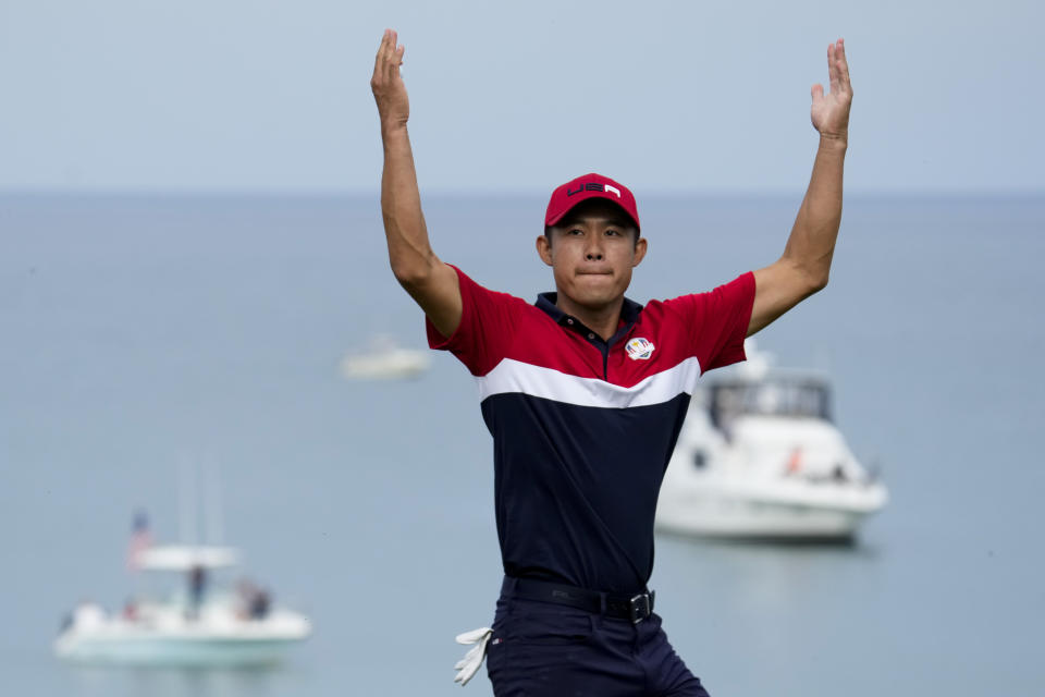 FILE - Team USA's Collin Morikawa reacts after winning the 17th hole during a Ryder Cup singles match at the Whistling Straits Golf Course Sunday, Sept. 26, 2021, in Sheboygan, Wis. Morikawa was among six captain's picks announced Tuesday, Aug. 29, 2023, for the 2023 American Ryder Cup team.(AP Photo/Ashley Landis, File)