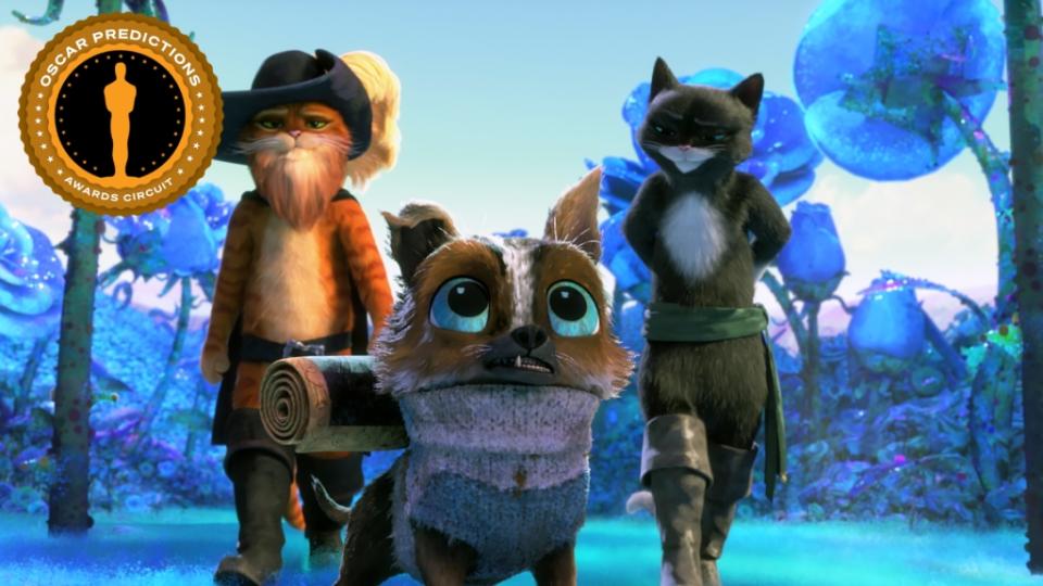 PUSS IN BOOTS: THE LAST WISH, (aka (PUSS IN BOOTS 2: THE LAST WISH), from left: Puss in Boots (voice: Antonio Banderas), Perro (voice: Harvey Guillen), Kitty Softpaws (voice: Salma Hayek), 2022. © Universal Pictures / Courtesy Everett Collection