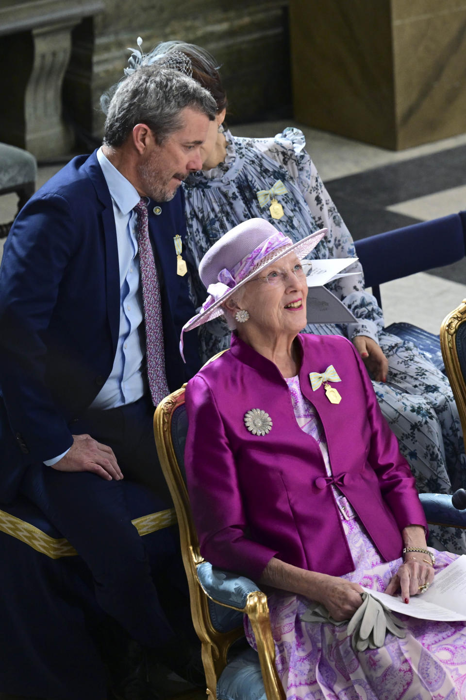 FILE - Denmark's Crown Prince Frederik and Queen Margrethe II, at the Royal Palace in Stockholm, Sweden, on Sept. 15, 2023. Denmark’s Queen Margrethe II has announced that she plans to leave the throne to make way for her son, Crown Prince Frederik. The queen announced during her New Year’s speech on Sunday, Dec. 31, 2023 that she would abdicate on Jan. 14. (Jonas Ekstromer /TT News Agency via AP)