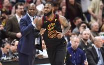 Apr 18, 2018; Cleveland, OH, USA; Cleveland Cavaliers forward LeBron James (23) reacts after hitting a three-pointer during the second half in game two of the first round of the 2018 NBA Playoffs at Quicken Loans Arena. Mandatory Credit: Ken Blaze-USA TODAY Sports