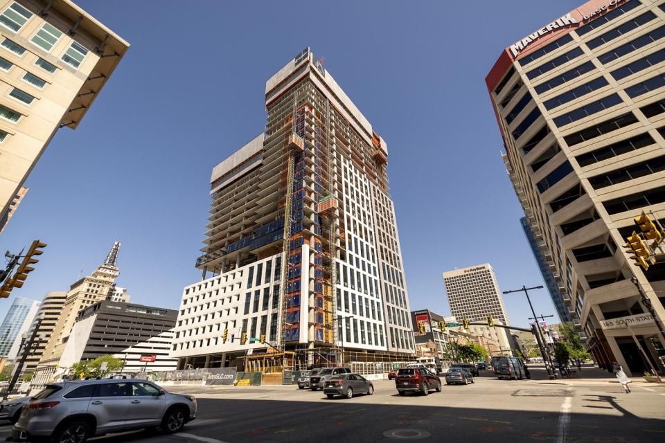 The Astra Tower luxury apartments building, pictured Tuesday, is under construction in Salt Lake City. It is one of several housing projects that will add to the city's housing stock in the next five years. 