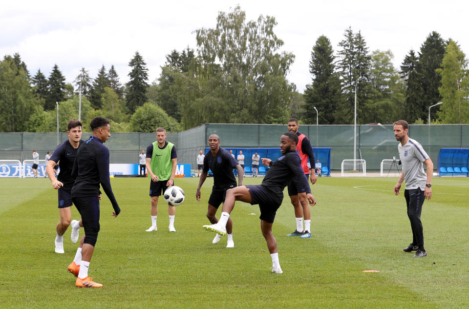 England’s players train at their base in Repino as they prepare for the tournament. (PA)