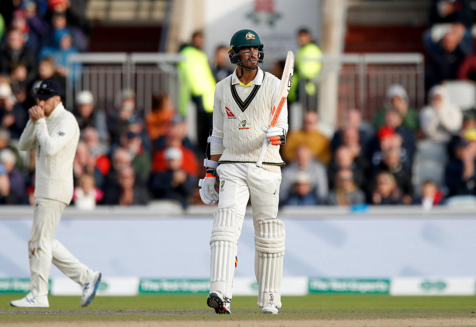 Australia's Mitchell Starc celebrates reaching 50 runs during day two of the fourth Ashes Test at Emirates Old Trafford, Manchester. (Photo by Martin Rickett/PA Images via Getty Images)