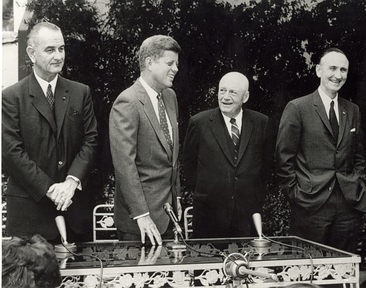Vice President Lyndon Johnson (far left) during a 1960 press conference with JFK in Palm Beach.