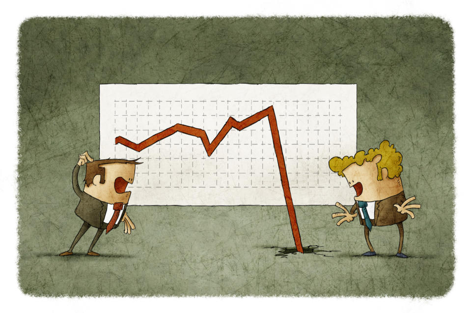 Cartoon characters appear puzzled by stock chart with arrow falling through the floor.