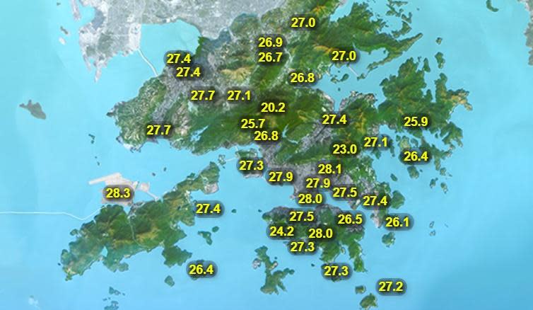 本港地區今日天氣預測大致多雲，有幾陣驟雨，局部地區有雷暴。日間炎熱，最高氣溫約31度。(香港天文台)