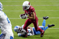Arizona Cardinals wide receiver Andy Isabella (17) runs in for a touchdown after the catch as Detroit Lions cornerback Darryl Roberts during the second half of an NFL football game, Sunday, Sept. 27, 2020, in Glendale, Ariz. (AP Photo/Rick Scuteri)