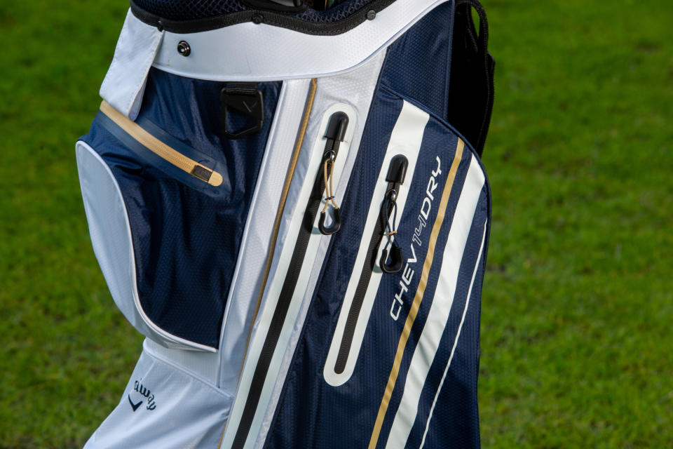 A detailed view of the pockets on the Callaway chev dry 14 waterproof cart bag