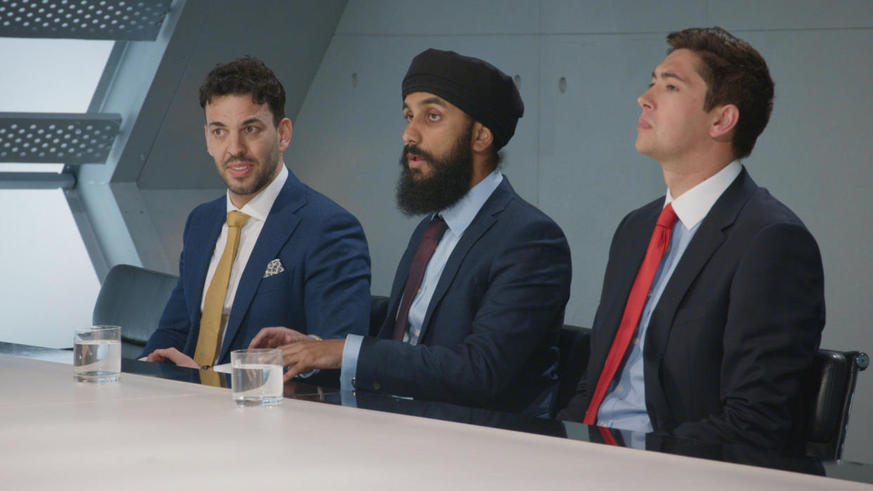 Steve, Virdi and Ollie were in the firing line on The Apprentice but it was Ollie who was sent home. (BBC)