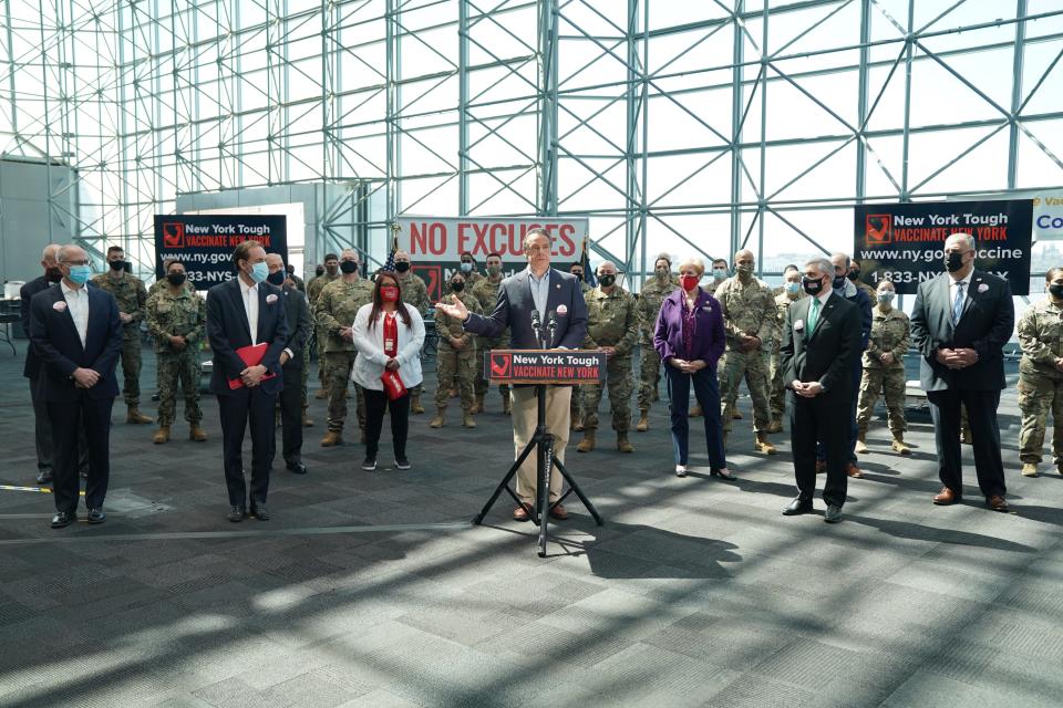 Gov. Andrew M. Cuomo on April 6, 2021, announced the start of the statewide "Vaccinate NY" ad campaign to encourage all New Yorkers to get vaccinated at the Javits Center in Manhattan. The media was not allowed to attend.