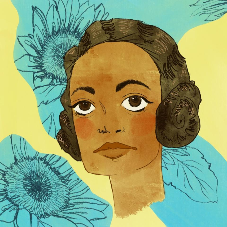 An illustration of Marie Clark Taylor on a blue and yellow background with flowers