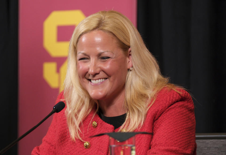 Jennifer Cohen smiles during a news conference announcing her as the new athletic director at the University of Southern California in Los Angeles, Monday, Aug. 21, 2023. (AP Photo/Richard Vogel)