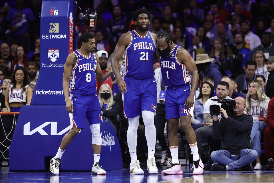 76 by Joel Embiid in 42 photos and 11 photos and 5 photos, James Harden in 27 and 8 photos aged 2.(Photo by Tim Nwachukwu/Getty Images)