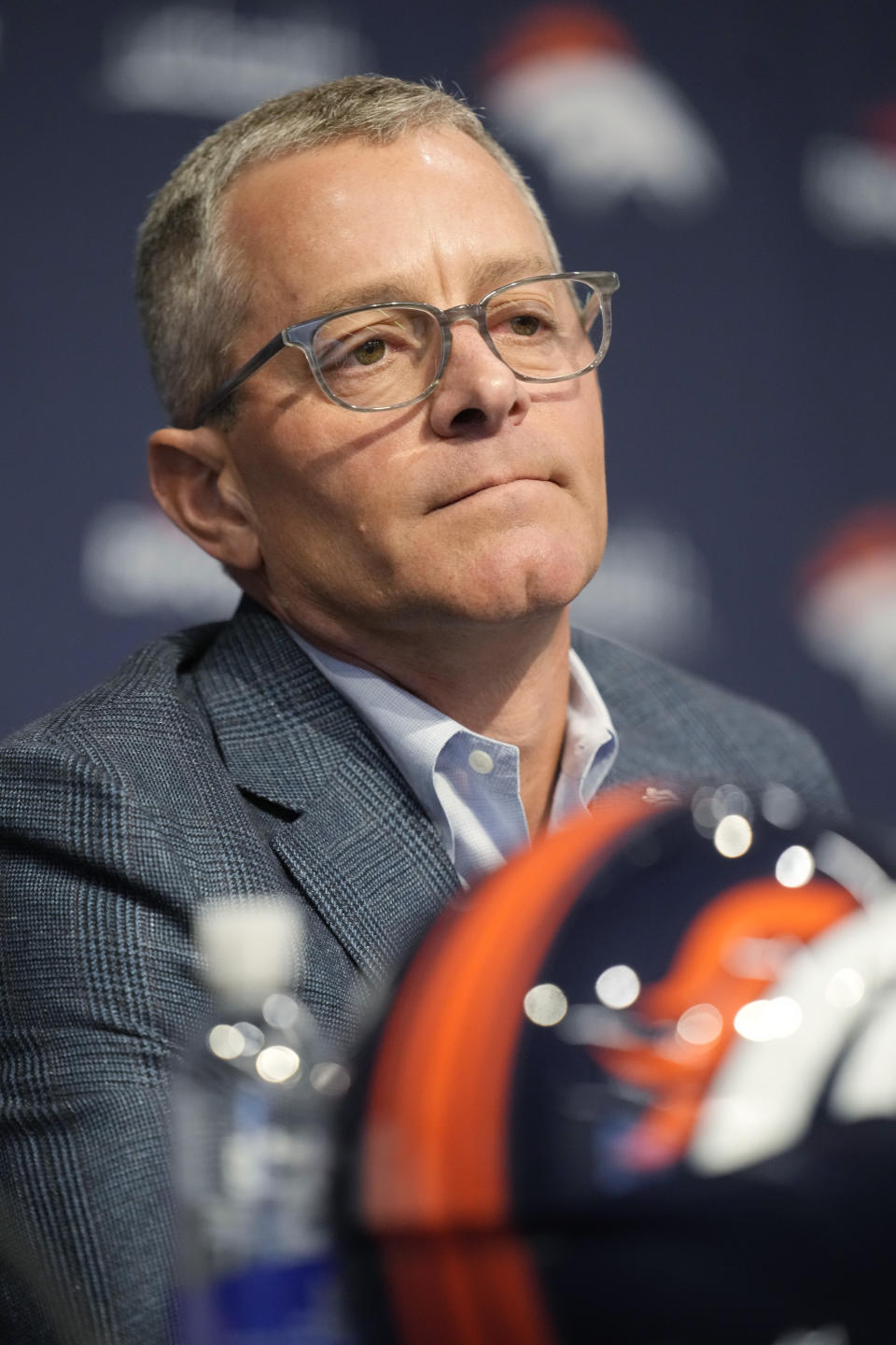 Denver Broncos chief executive officer Greg Penner responds to a question during a news conference about the firing of head coach Nathaniel Hackett Tuesday, Dec. 27, 2022, in Englewood, Colo. (AP Photo/David Zalubowski)