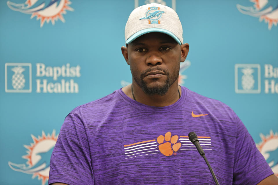 Miami Dolphins NFL football team head coach Brian Flores talks to the media before practice in Miami Gardens Fla., Wednesday, Oct. 13, 2021. The Dolphins play against the Jacksonville Jaguars in London on Sunday. (David Santiago/Miami Herald via AP)